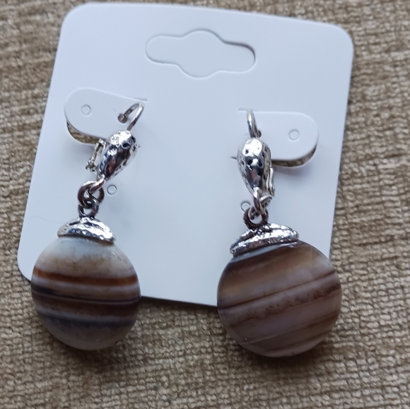 Silver Tone Leverback Brown Striped Stone Earrings - Picture 5 of 13